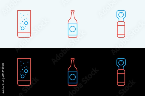 Set line Bottle opener, Effervescent tablets in water and Beer bottle icon. Vector