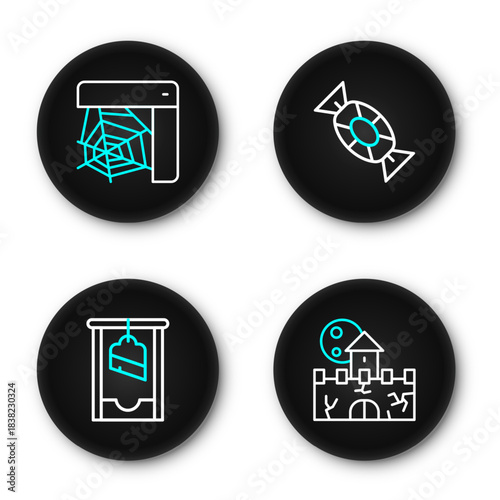 Set line Castle, fortress, Guillotine, Candy and Spider web icon. Vector