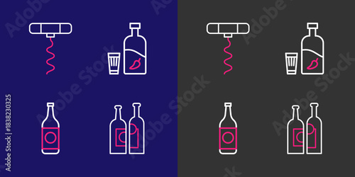 Set line Bottles of wine, Beer bottle, Vodka with pepper and glass and Wine corkscrew icon. Vector