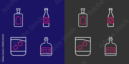 Set line Alcohol drink Rum bottle, Glass of whiskey, Beer and Whiskey icon. Vector