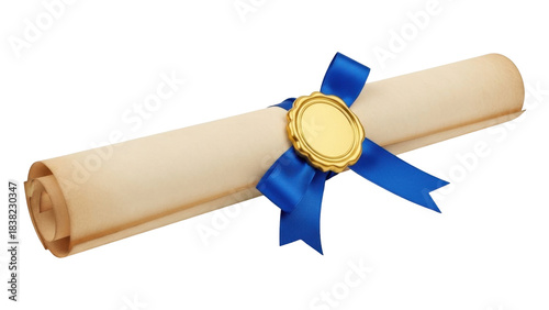 Isolated diploma scroll, tied with a blue ribbon and seal, academic achievement, graduation, success
