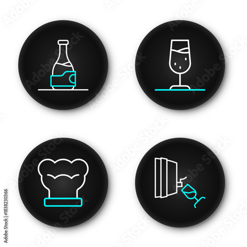Set line Wine tasting, degustation, Chef hat, glass and Bottle of wine icon. Vector