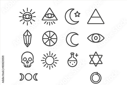 Esoteric occult symbols line art icons set for mystical design projects