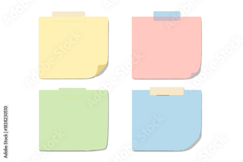 Four colorful sticky notes attached with masking tape on white background