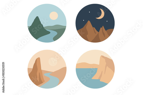 Four circular icons depicting natural landscapes under day and night skies