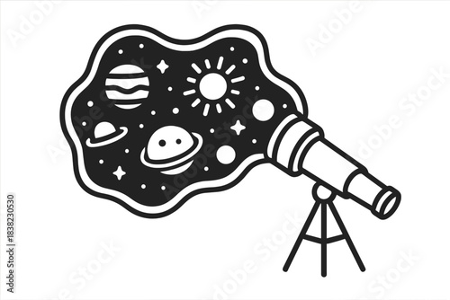 Telescope viewing stylized galaxy and planets in simple outline