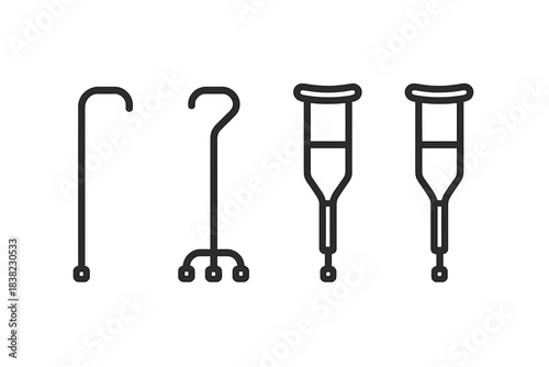 Outline icons of mobility aids: canes, crutches, and walking support symbols