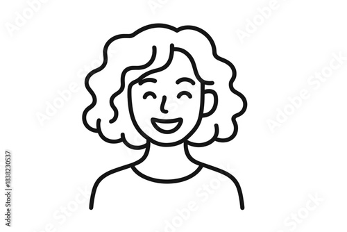 Smiling woman with voluminous curly hair simple line art portrait icon