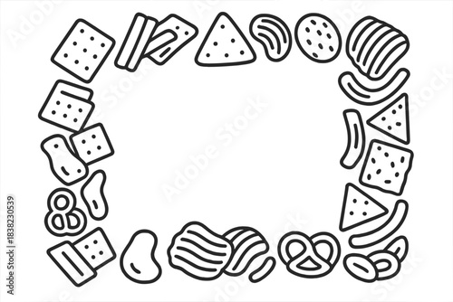 Assortment of salty snack food icons forming a rectangular border outline