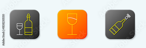 Set line Wine bottle with glass, and Opened of wine icon. Vector