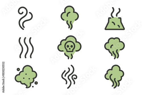 Collection of nine icons representing bad smell, odor, and toxic fumes