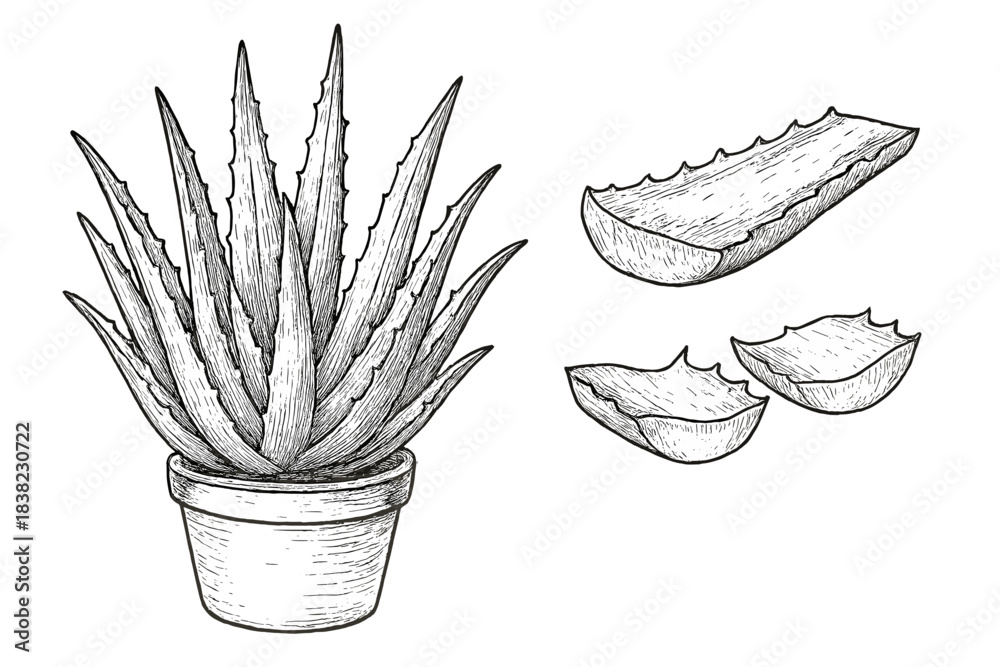 Naklejka premium Potted aloe vera plant with cut succulent leaf sections sketch