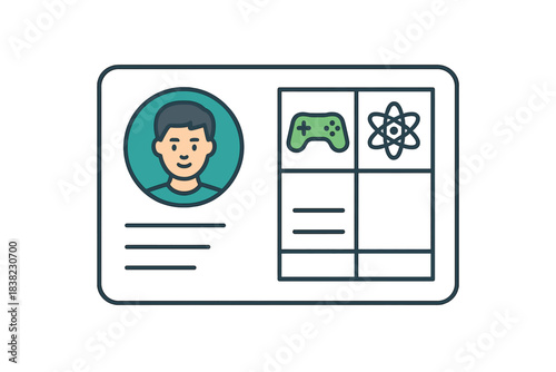 Student profile card design featuring icons for gaming and science interests