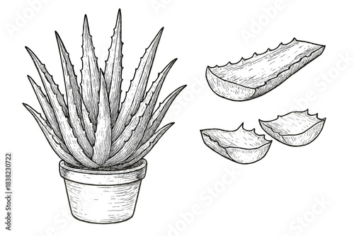 Potted aloe vera plant with cut succulent leaf sections sketch