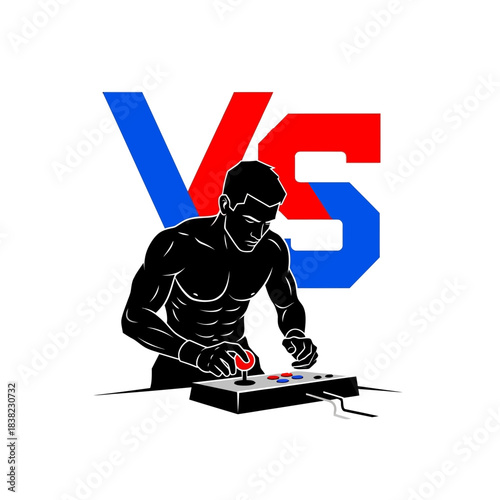 Muscular gamer playing arcade game with joystick, representing competition and versus