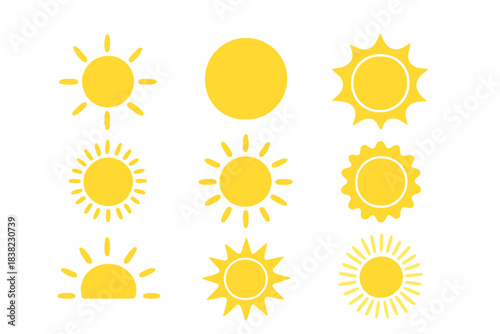Set of nine stylized yellow sun icons and symbols for weather or summer