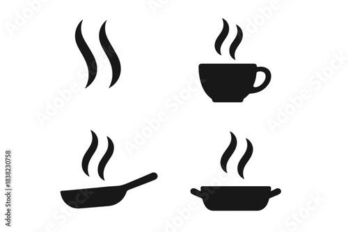 Set of simple icons depicting hot steam rising from cooking and beverage containers