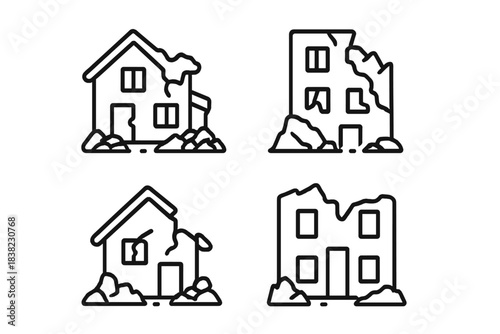Outline icons representing damaged and ruined residential buildings