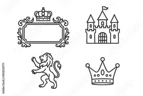 Royal heraldry icons set featuring crown, castle, lion, and ornate frame