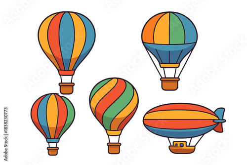 Colorful hot air balloons and airship icons set