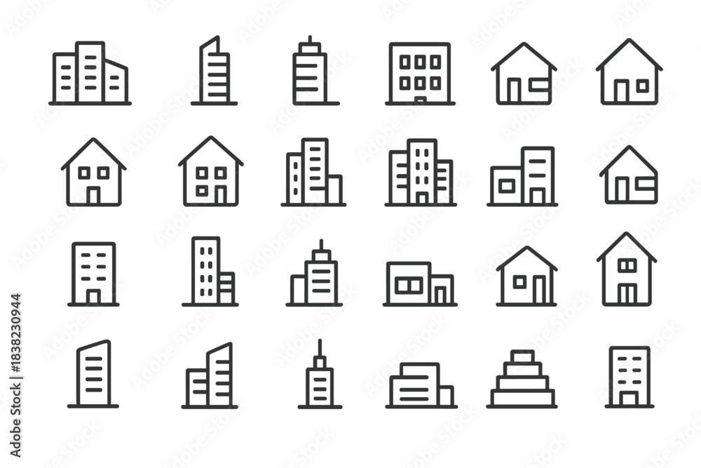 Fototapeta premium Outline icons for various residential and commercial building types