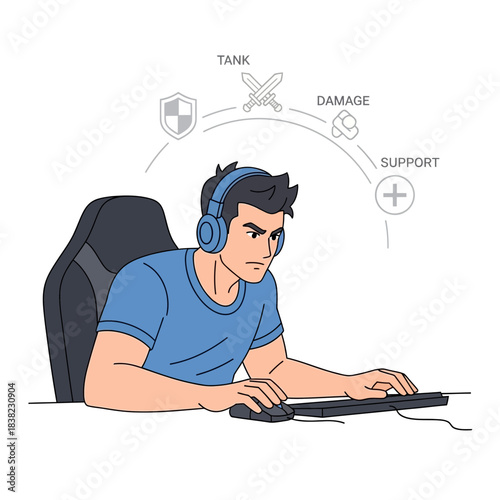 Focused young man wearing headphones playing video games on computer with icons representing game roles