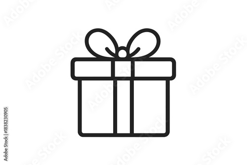 Minimalist black line icon of a wrapped gift box with a decorative bow