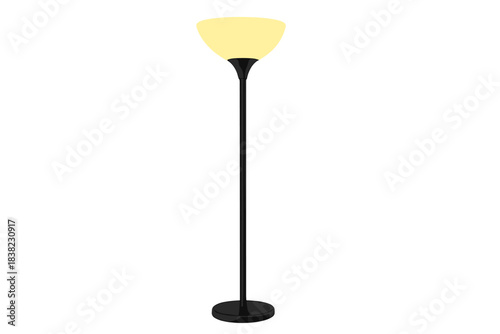 Modern black metal floor lamp with glowing frosted glass shade