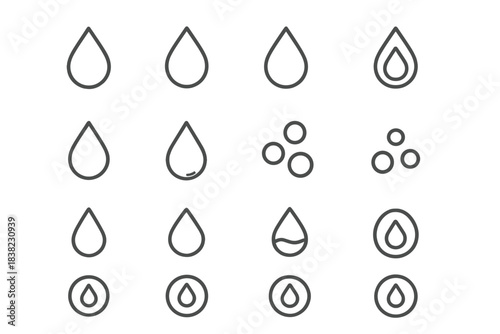 Collection of simple line icons depicting water drops and various liquid elements
