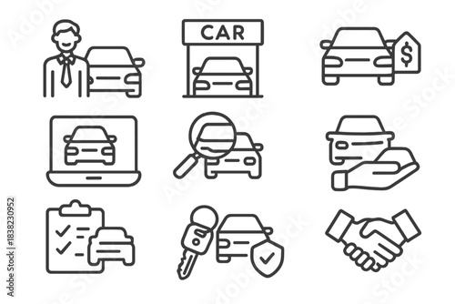 Automotive service and transaction line icons for car maintenance and sales