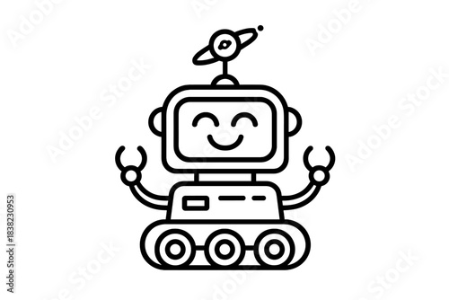 Happy robot character with antenna and tank treads outline icon