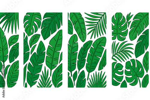 Vibrant green tropical jungle foliage patterns assortment
