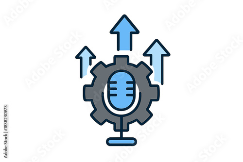 Microphone gear icon with upward trending arrows indicating growth