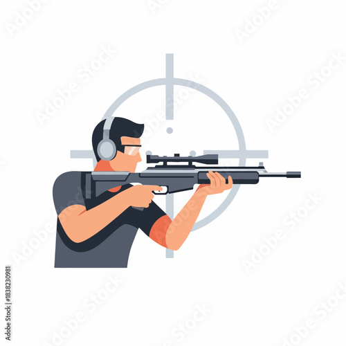 Focused shooter aims rifle with scope at target on transparent background