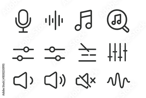 Outline icons collection for audio settings sound recording and music controls