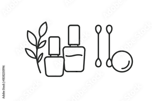 Set of cosmetic and manicure supplies line icons featuring a botanical element