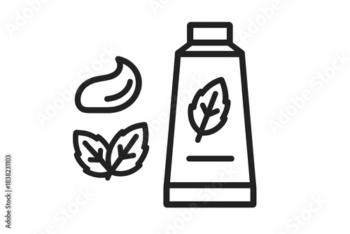 Herbal cream tube and mint leaves line icon set