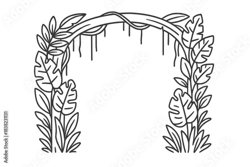 Jungle vine arch frame with tropical leaves outline drawing
