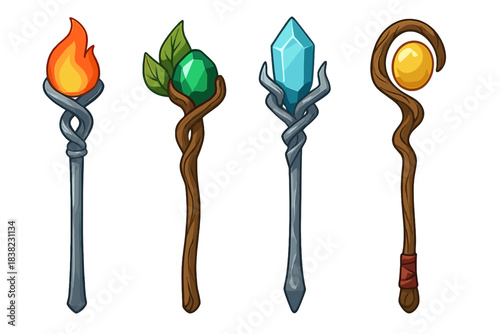 Assortment of fantasy magic staffs featuring elemental orbs
