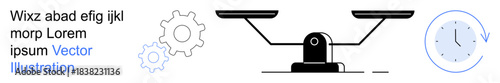 Efficiency, worklife balance, decision-making, productivity, time management, process automation. Black-and-white balance scale, gear clock symbols. Work-life balance and time management concept
