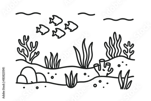 Tropical fish swimming above seabed with coral and seaweed outline