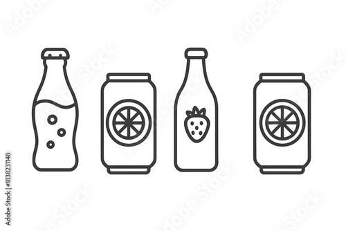 Collection of drink containers featuring fruit icons and effervescence