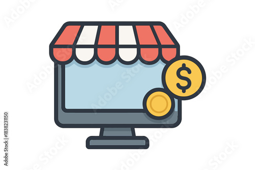 Computer monitor with storefront awning and floating currency coins