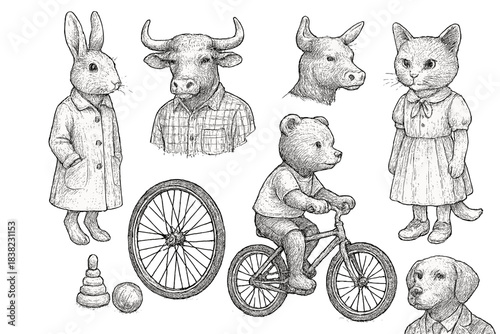 Anthropomorphic animal characters rendered in detailed vintage sketch style