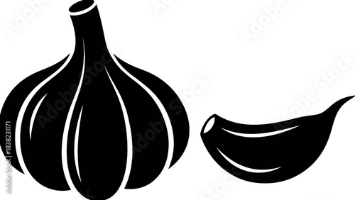 Black and white garlic bulb and clove illustration, stylized vegetable icon, cooking ingredient vector, healthy food symbol, herbal design, kitchen art, minimal organic produce graphic