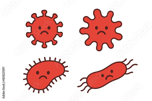 Sad cartoon virus and bacteria characters in vibrant red color scheme