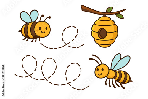 Cute cartoon bees flying around a hanging beehive with dotted flight paths