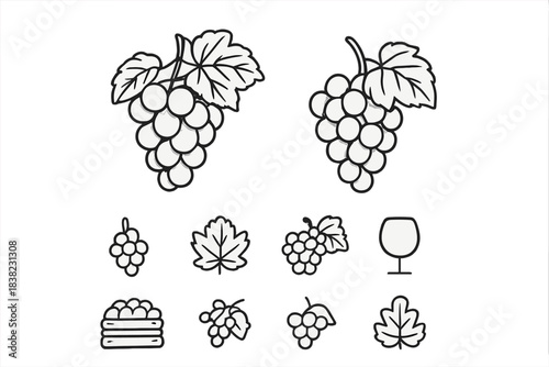 Black and white icons of grapes, wine glass, and wooden fruit crate