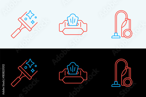 Set line Vacuum cleaner, Rubber for windows and Wet wipe pack icon. Vector