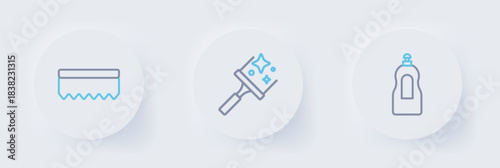 Set line Dishwashing liquid bottle, Rubber cleaner for windows and Sponge icon. Vector